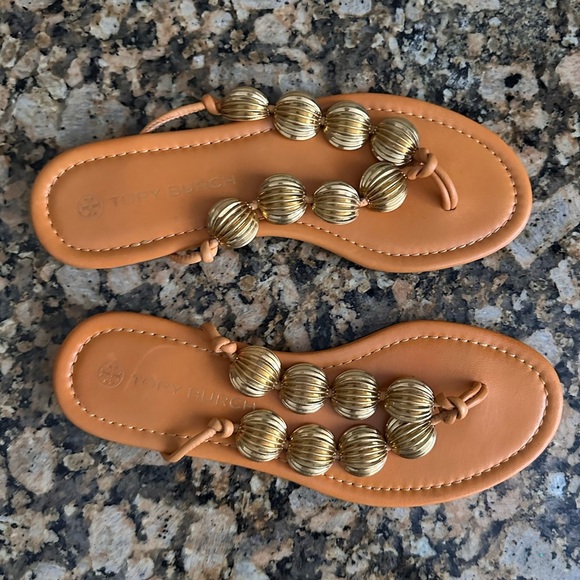 Tory Burch Capri Beaded Orange Leather Thong Sandals Size 7 - Picture 7 of 9